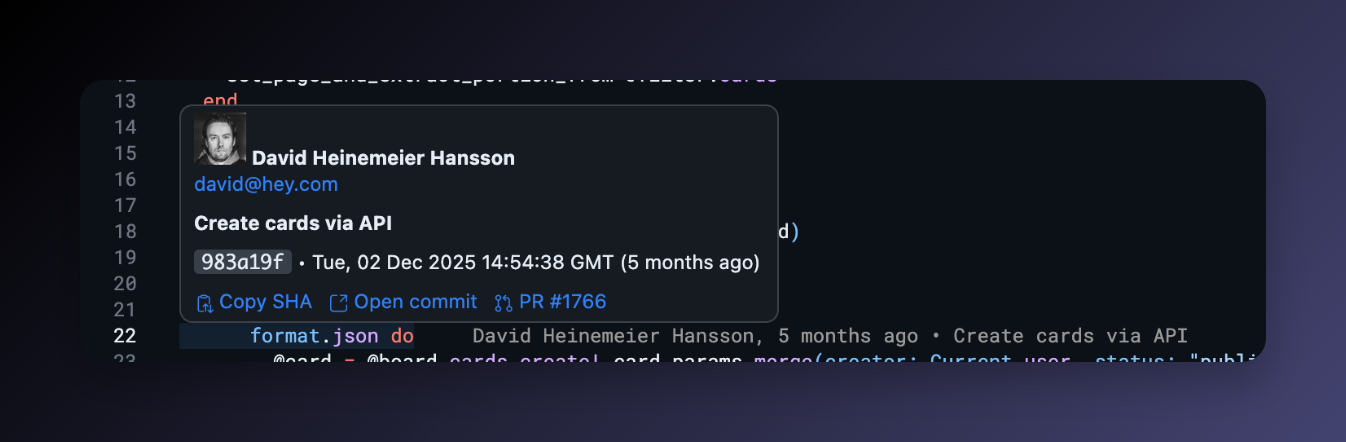 Hover card with author photo, commit message, and links