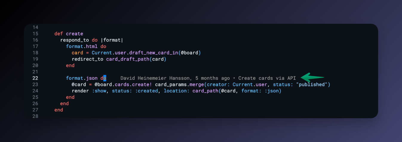 Inline blame annotation at the end of the current line