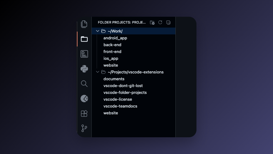 Activity Bar panel showing projects grouped by root
