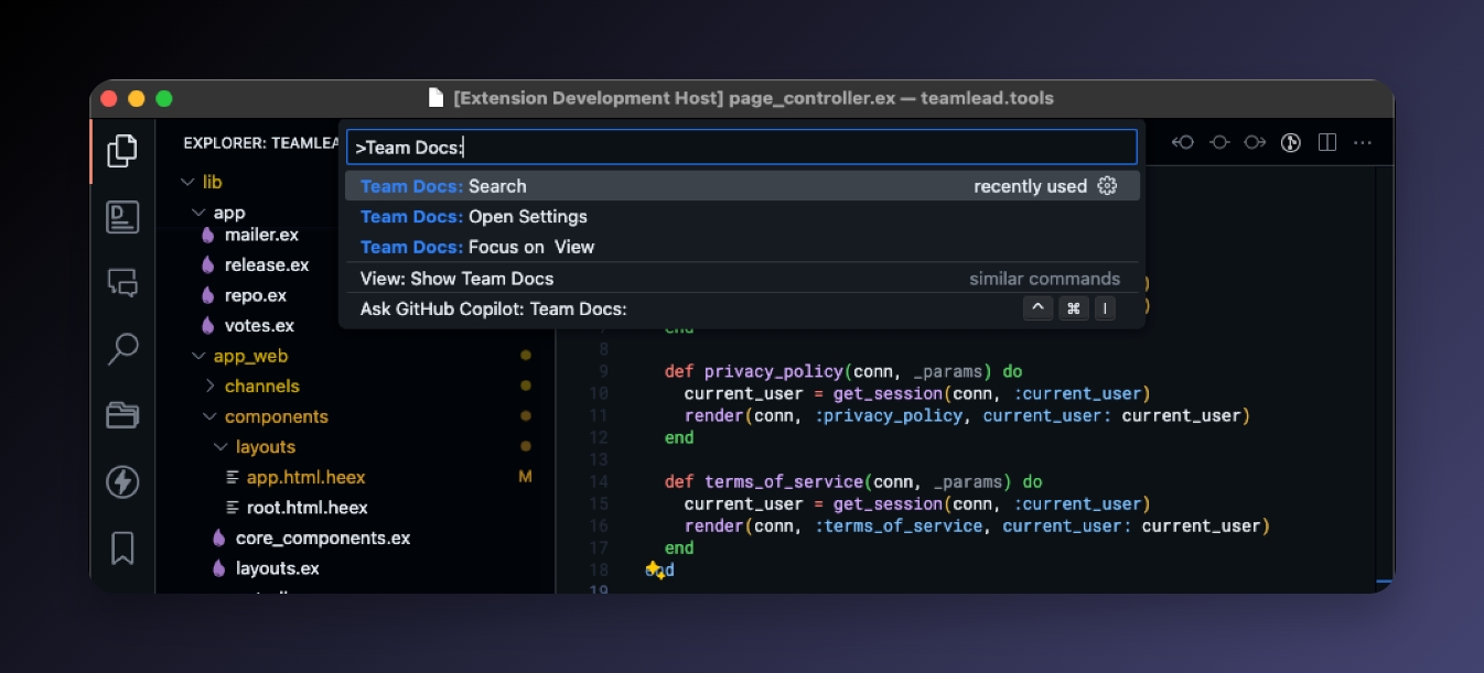Running Team Docs: Search from the command palette
