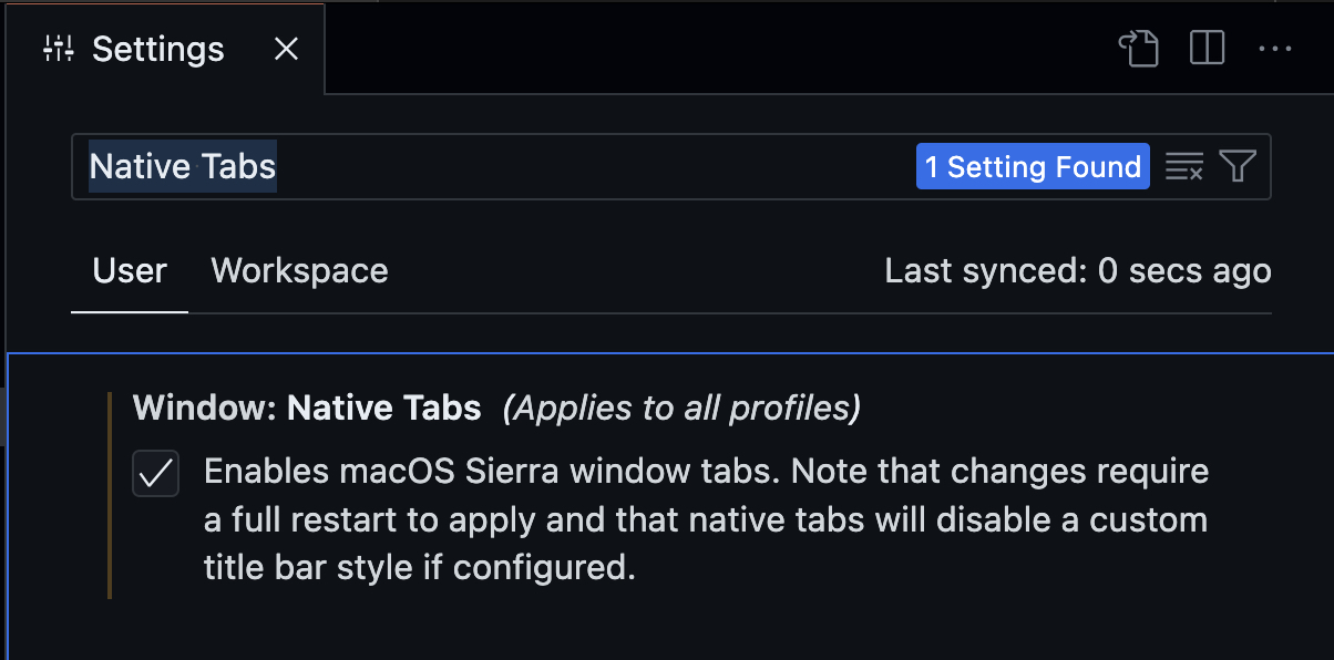 Native Tabs Settings on VSCode